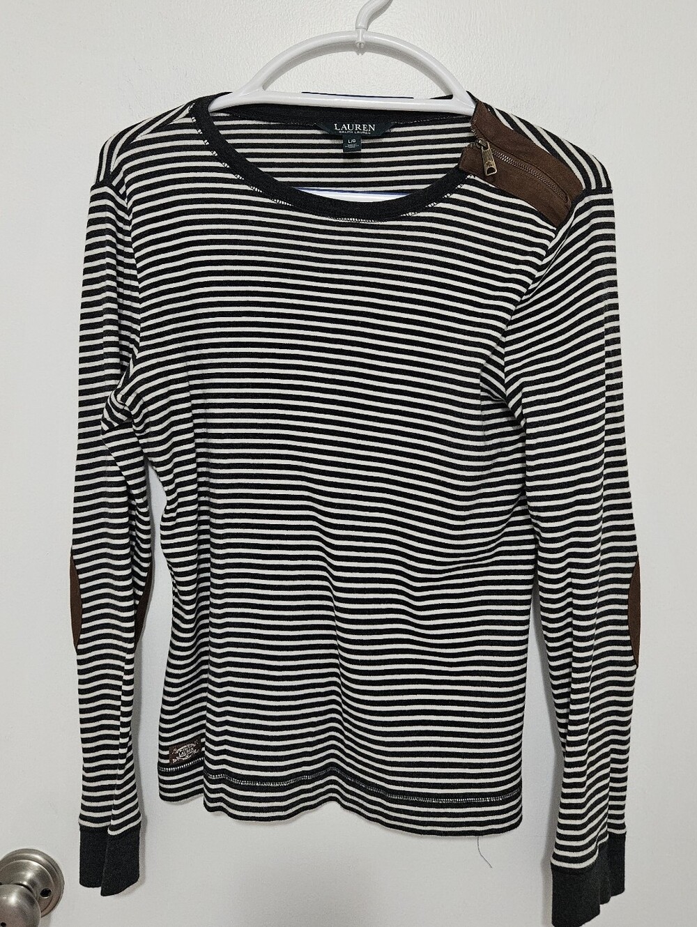 Lauren Ralph Lauren Striped Long Sleeve Top Suede Elbow Patch Western Preppy
